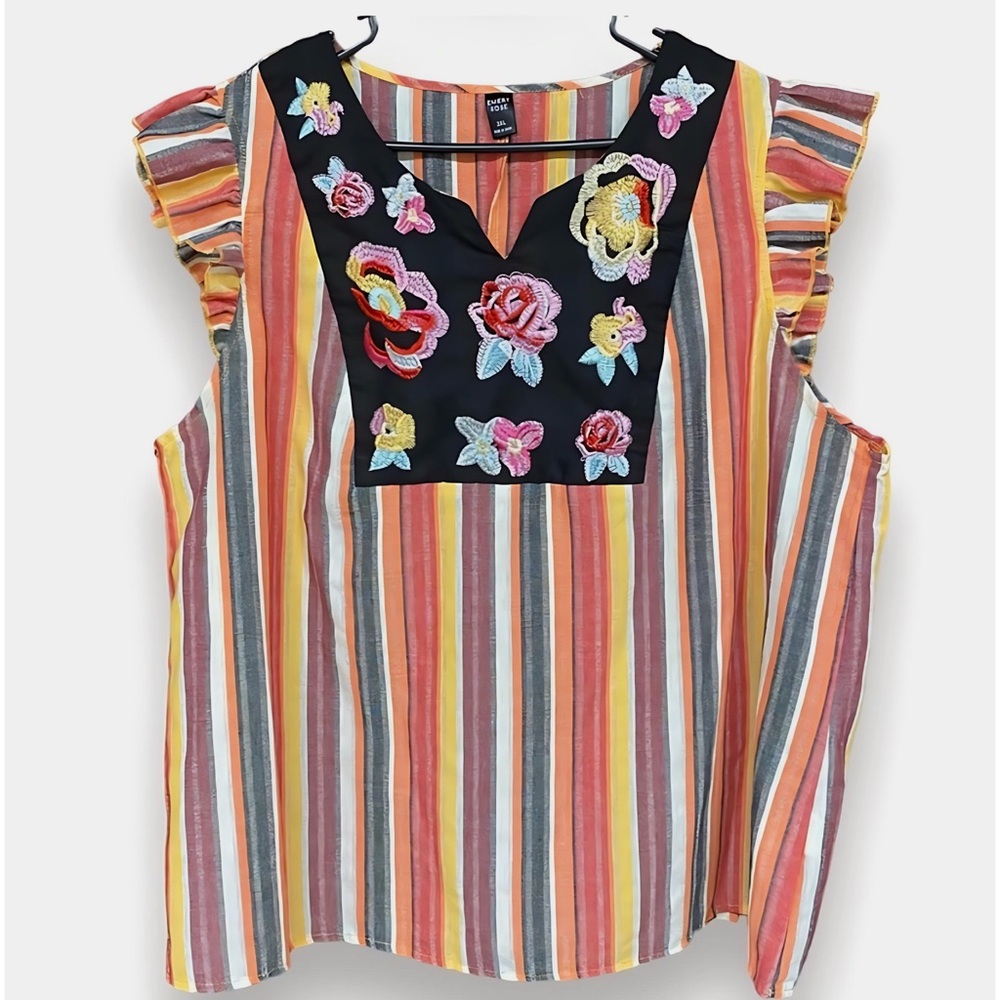 NEW! Plus V Neck Vertical Stripes Ruffle Sleeve  Woven Embroidered Top